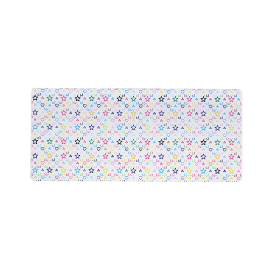 A white mouse pad with colorful stars